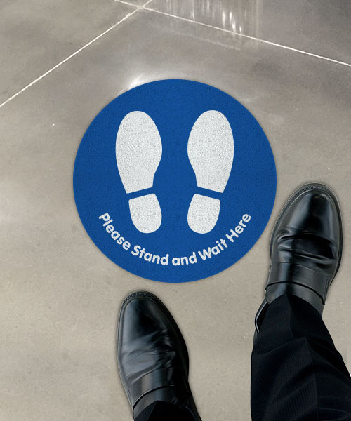 Please Stand and Wait Here Blue Floor Sign