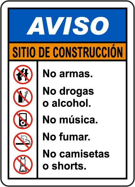 Spanish Notice Construction Site Rules Sign