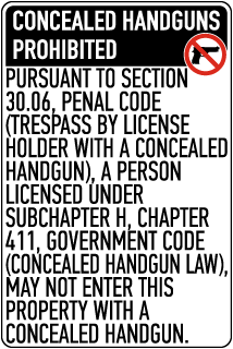 Texas 30.06 No Concealed Carry Sign